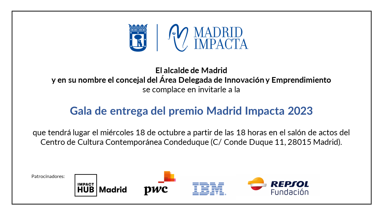 Invitación a la gala de entrega del premio Madrid Impacta 2023